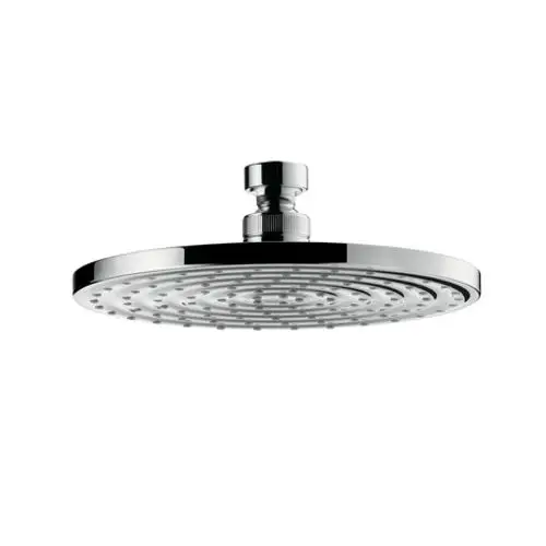 Große, runde Kopfbrause aus Chrom von Hansgrohe mit gleichmäßiger Wasserverteilung und modernem Design, montierbar an Decken- oder Wandanschluss.